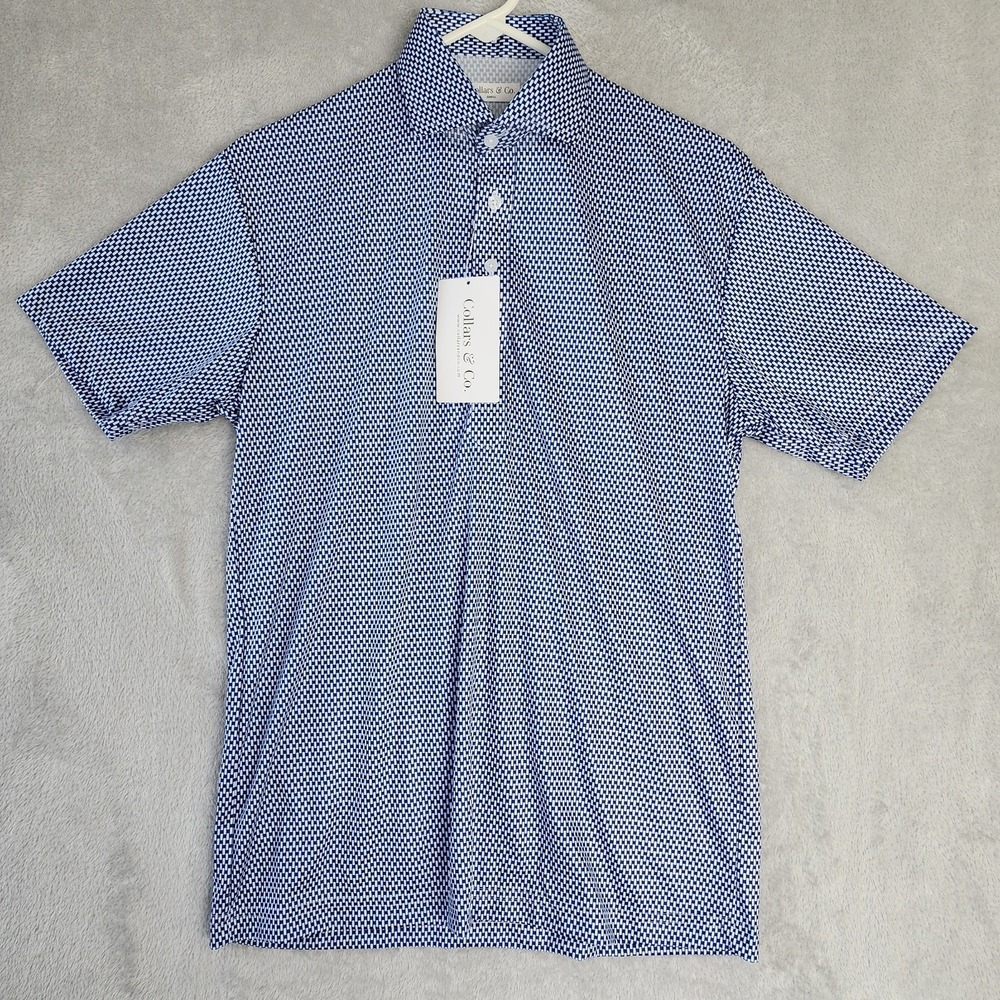 Collars & Co Polo Shirt Mens Size Small Blue Vantage Tile Print Semi Spread NEW